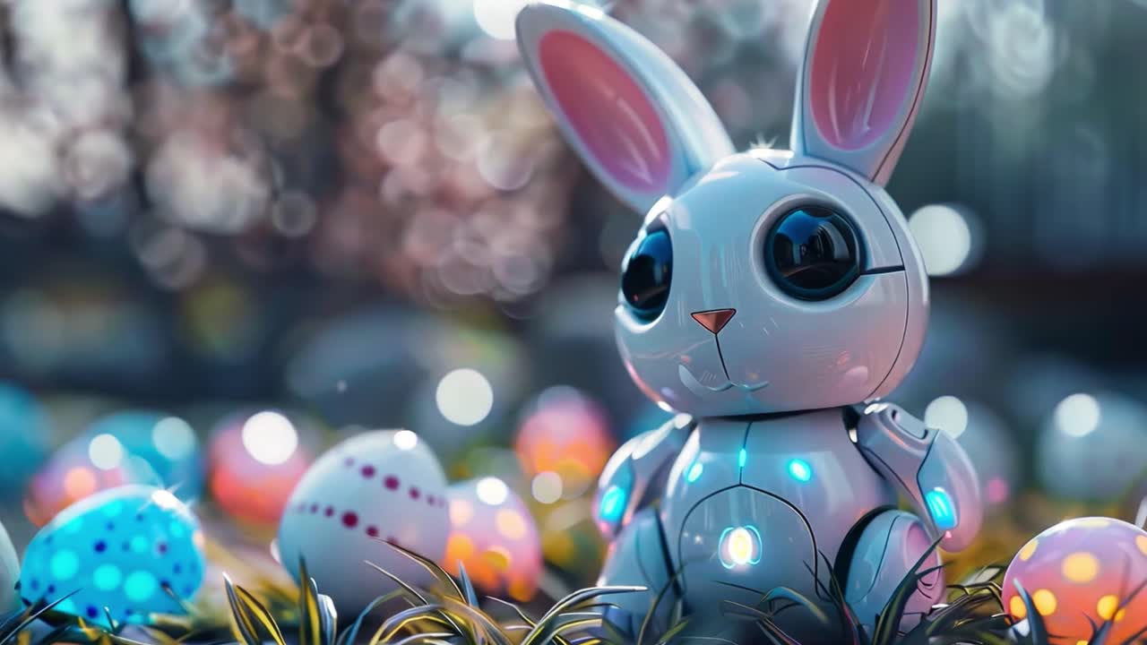 Futuristischer Roboterhase inmitten leuchtender Ostereier