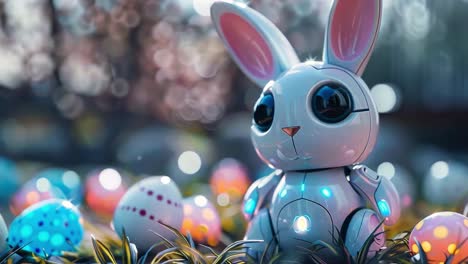 futuristic robot bunny among glowing easter eggs