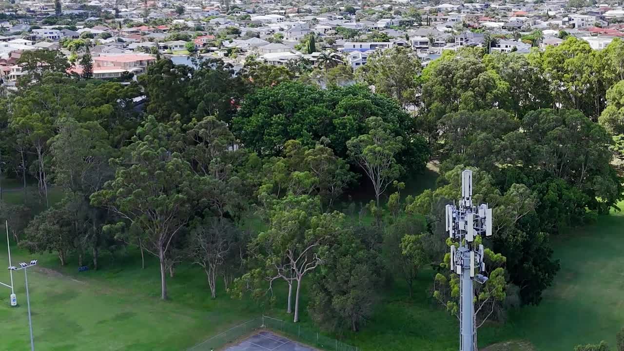 Aerial view of a cell tower surrounded by dense trees and a distant urban landscape.