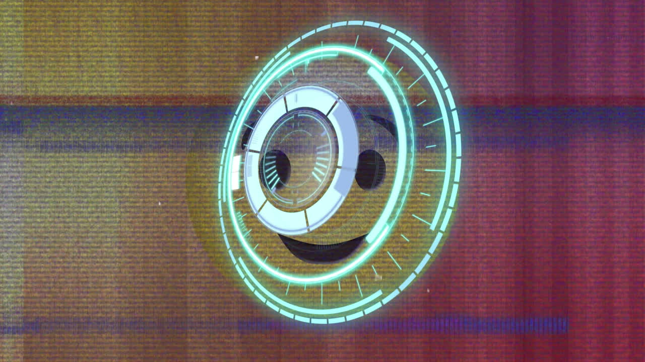 Neon round scanner and tv static effect over winking face emoji against colorful gradient background
