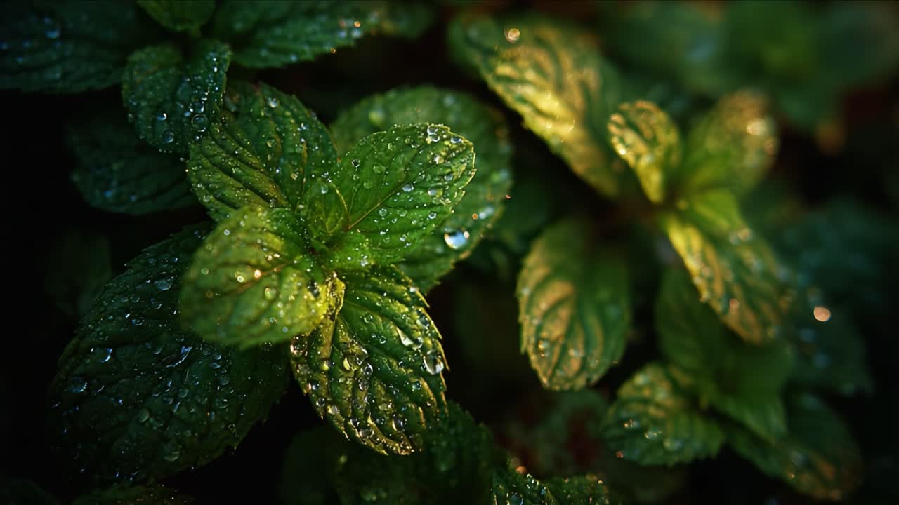 Captivating Mint Leaves Glistening with Water Droplets: A Close-Up Exploration of Nature’s Beauty in Vibrant Green Color with the Soft Glow of Ambient Light