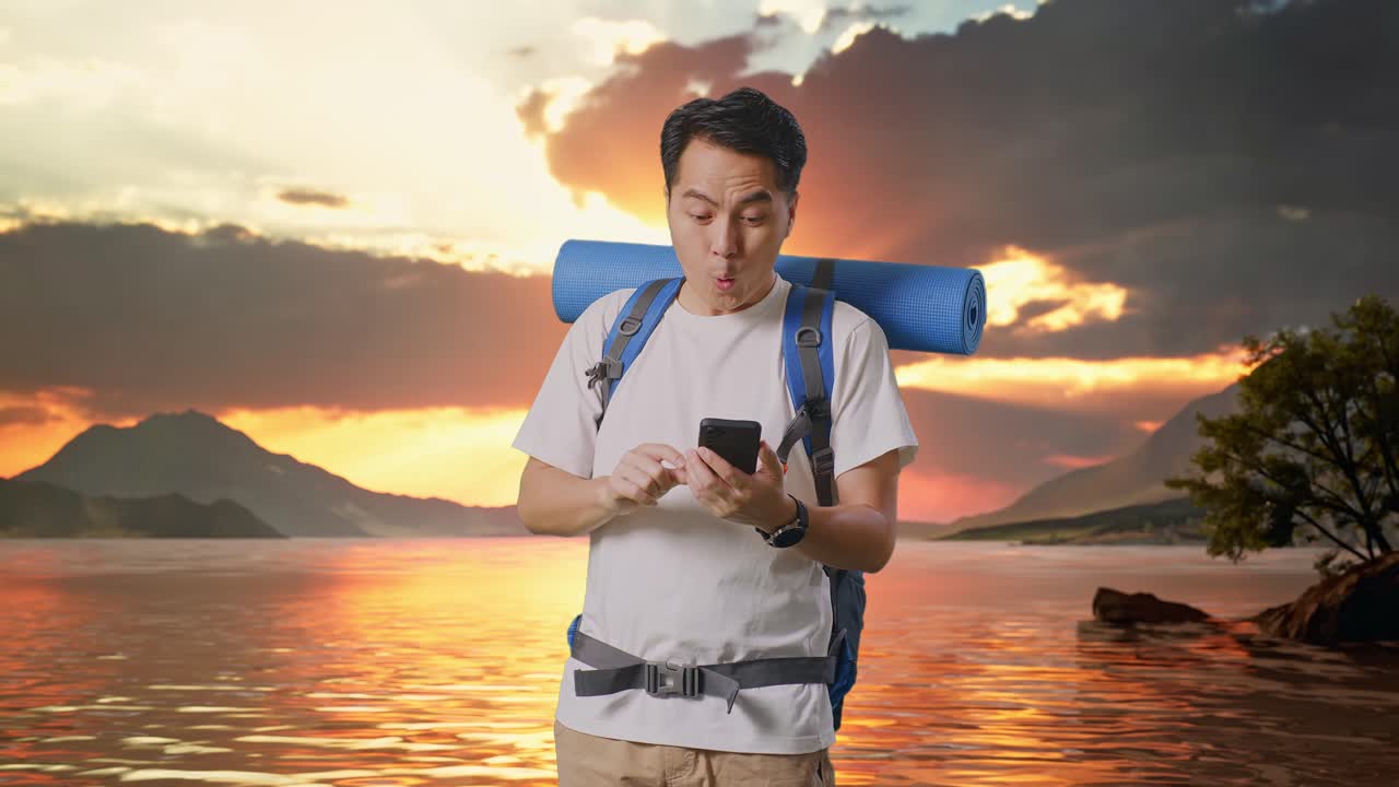 Asian Male Hiker With Mountaineering Backpack Looking At The Smartphone And Saying Wow At A Lake