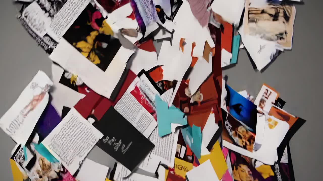 A top-down view of colorful torn paper pieces scattered on a gray surface, resembling a dynamic