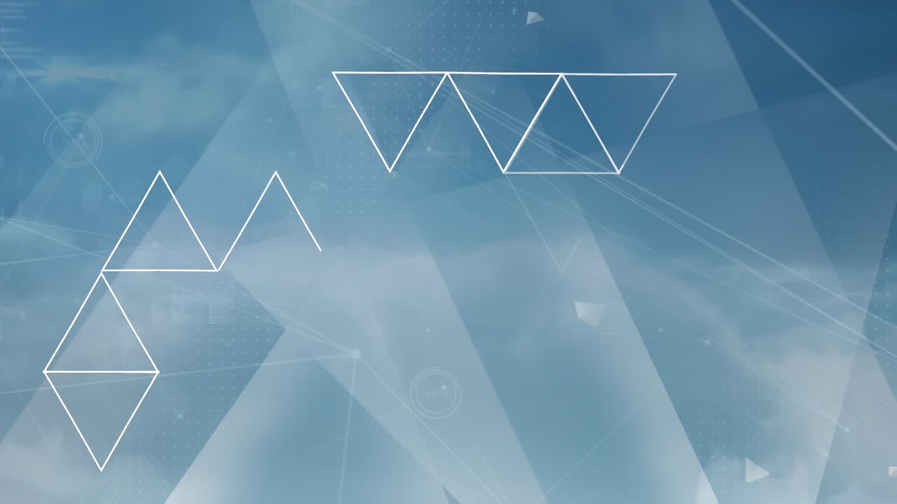 날아다니는 디지털 삼각형으로 가득 찬 하늘에 삼각형의 모습