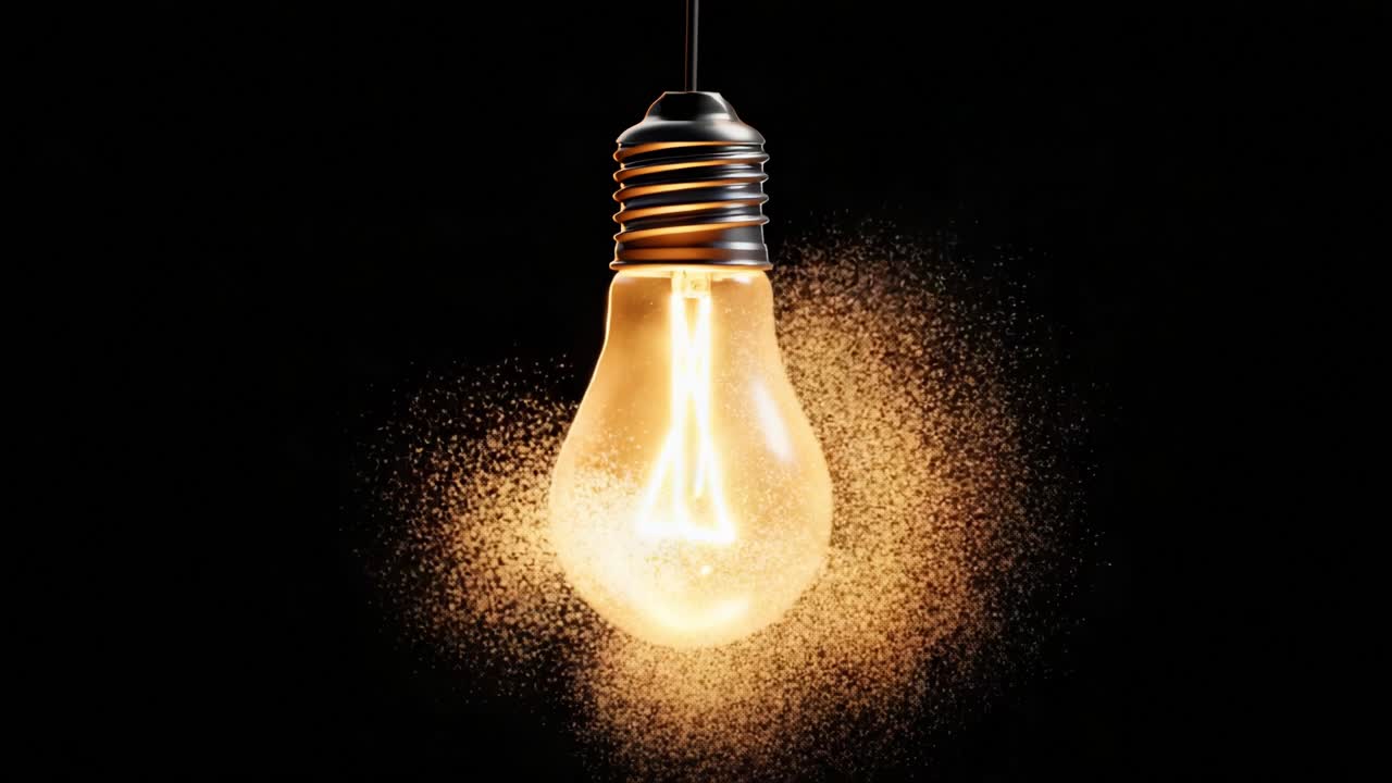 A close-up view of an illuminated light bulb, showcasing its vibrant glow amidst a spray of glowing particles, symbolizing creativity and innovation in design and lighting