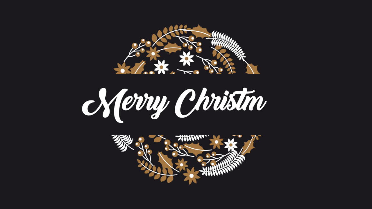 happy merry christmas animation with leafs circular frame