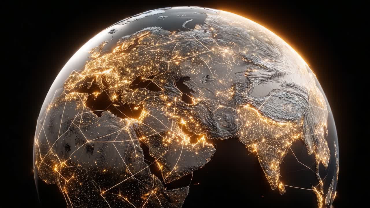 Una straordinaria visualizzazione della Terra che evidenzia città illuminate e connessioni tra i continenti in un tema spaziale oscurato.
