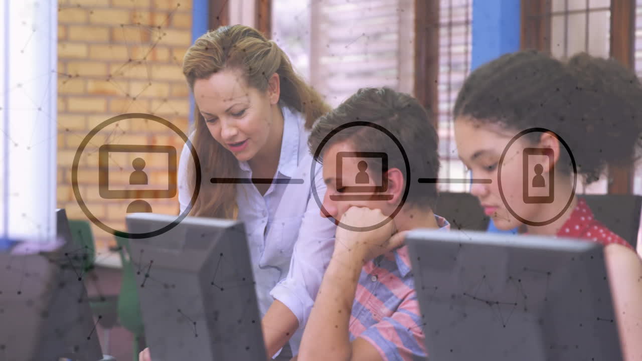 teacher guiding students in classroom, with animated chart icons floating above laptops and desks
