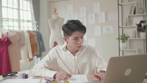 young asian male designer working on laptop and sketching at desk in studio