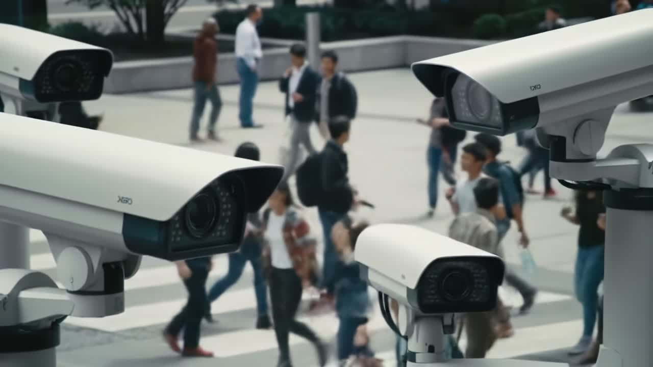 Surveillance Footage Captures Urban Life: Security Cameras Overseeing the Hustle and Bustle of Everyday Passersby in a Busy Public Space