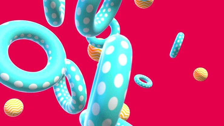 Abstract colorful background with flying or floating simple geometric forms. Multicolored decorative loopable 3d animation. Bright modern composition.