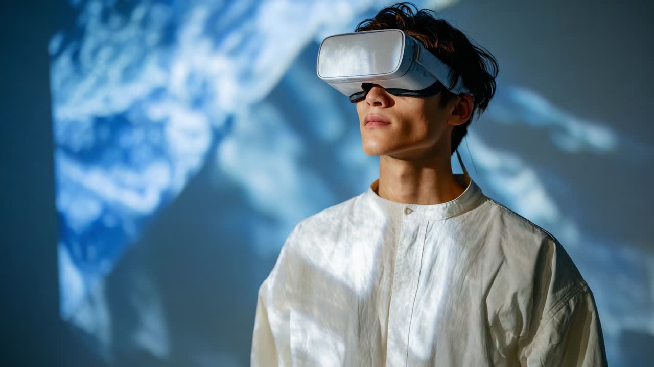 Un giovane individuo esplora realtà virtuali con una tecnologia avanzata di visori in un ambiente immersivo, catturando l'intersezione tra innovazione e immaginazione attraverso una lente futuristica