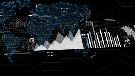 animación del procesamiento de datos financieros sobre el mapa del mundo