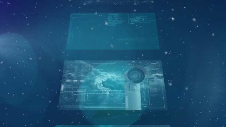 Animation of dust floating over blue background with diverse data on moving screens