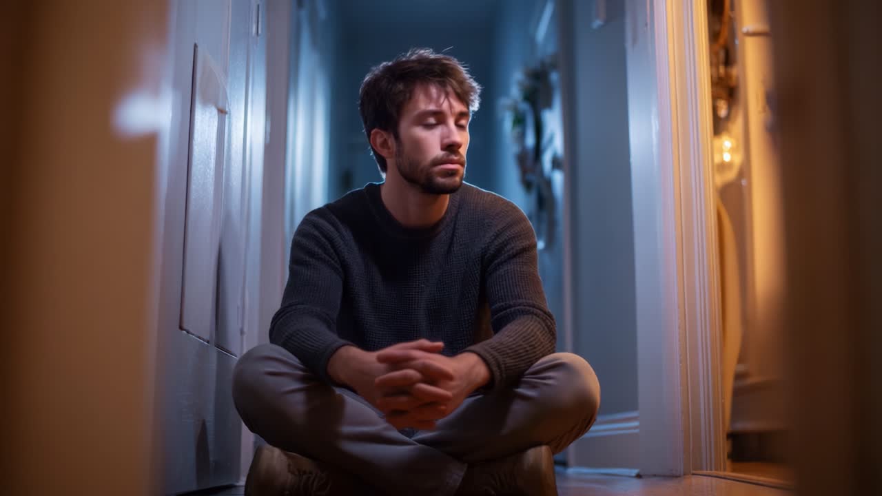 Um homem sentado pensativamente em um corredor bem iluminado, capturando um momento de reflexão e introspecção, expressando contemplação profunda e emoções internas visualmente