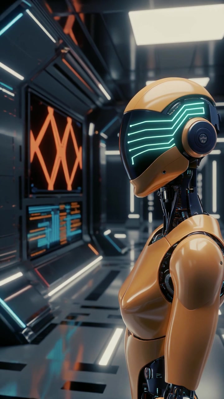 Futuristic Yellow Android Standing in High Tech Laboratory Corridor