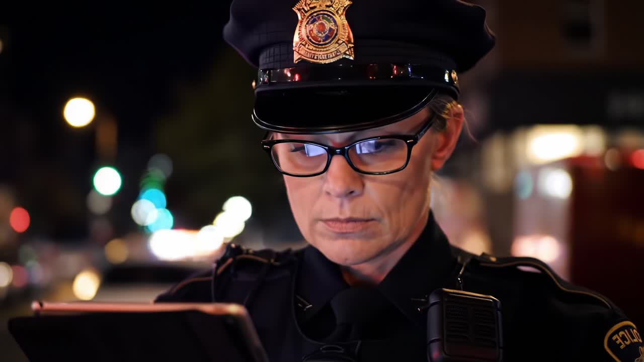 A Focused Officer in Uniform Engages with Digital Device on a Dimly Lit Street, Highlighting the Role of Law Enforcement in Modern Technology and Public Safety