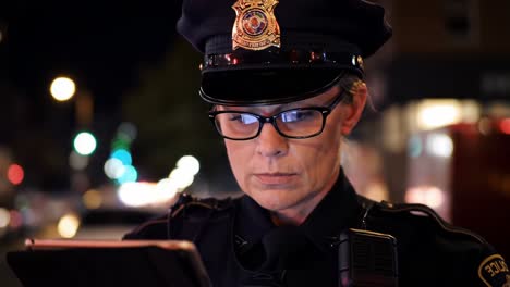 a focused officer in uniform engages with digital device on a dimly lit street, highlighting the role of law enforcement in modern technology and public safety