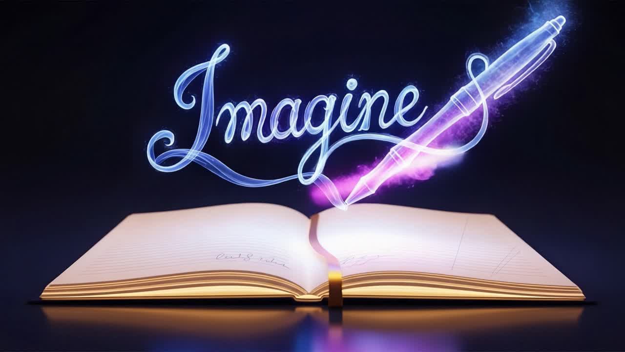 Imagine: A Stunning Digital Artwork Featuring an Open Book with a Glowing Pen Emitting Colorful Swirls, Inspiring Creativity and the Power of Imagination