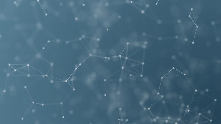 Abstract moving shapes composed of balls and straight lines moving in space with random movement of shapes sideways on a blue background