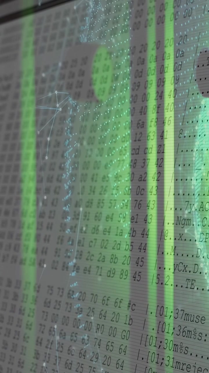 Vertical video: View shifting, revealing hex over green bars while nodes forming network data