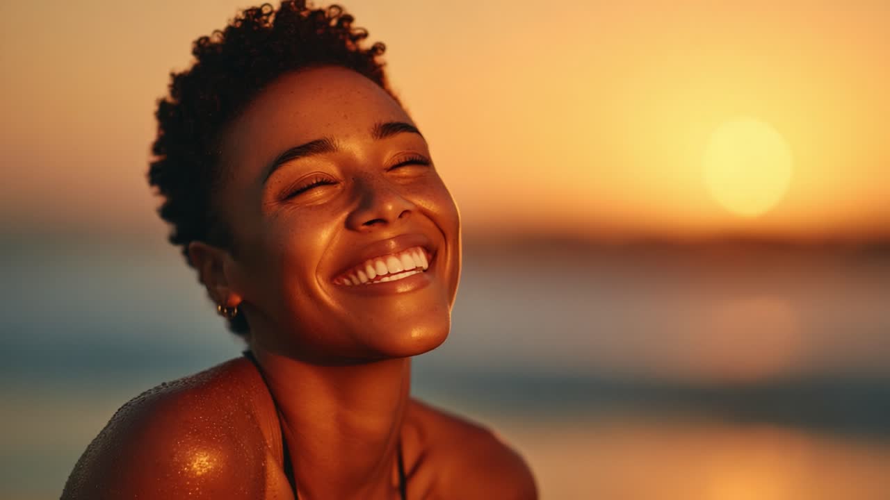 Joyful moments captured at sunset, showcasing a woman with a radiant smile enjoying the serene beach atmosphere, embodying happiness and tranquility by the ocean