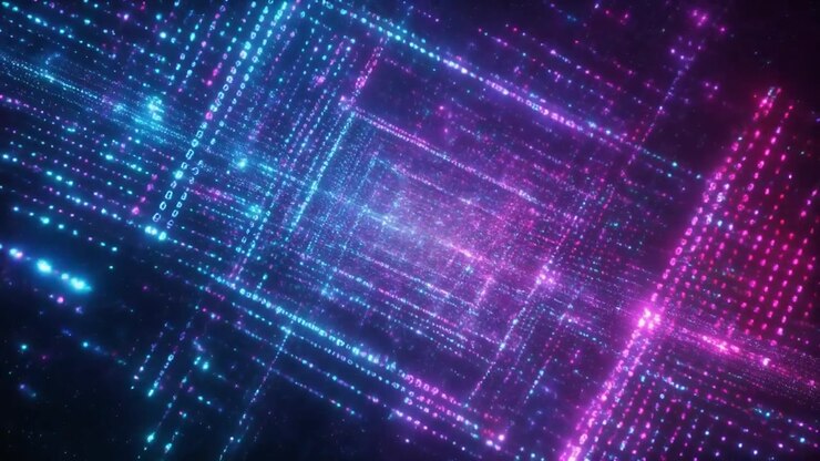 Abstract Digital Tunnel with Glowing Binary Code and Neon Light Grids