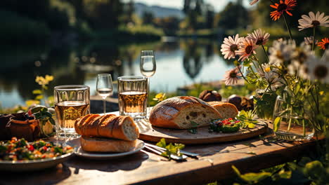 savoring a peaceful lakeside meal with fresh bread and drinks