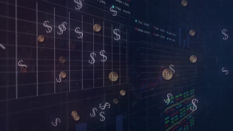 multiple dollar and bitcoin symbols moving over financial data processing.