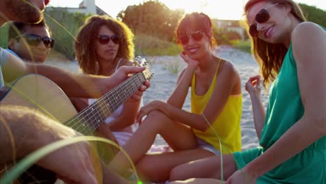 hombres y mujeres multiétnicos disfrutando de una fiesta en la playa.