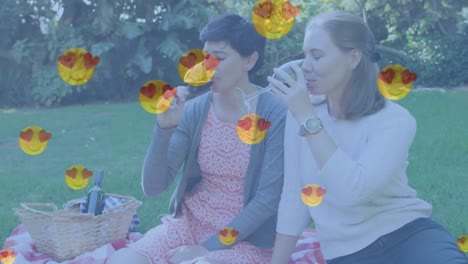 animation of heart emojis over happy caucasian female couple in love drinking wine