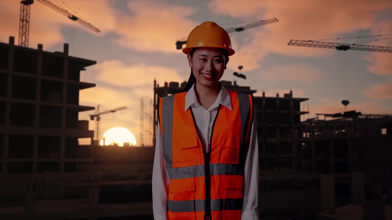Asian Female Engineer With Safety Helmet Smiling To Camera While Standing At Construction Site in Progress to New House