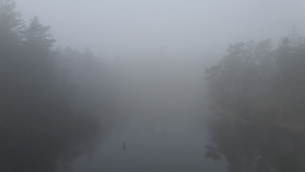 멋진 안개로 뒤덮인 강의 집