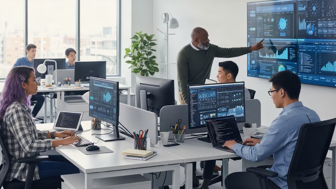 Engaging Data Analysis and Team Collaboration in a Modern Office Environment Focused on Technology and Innovation with Dynamic Visualizations on Screens