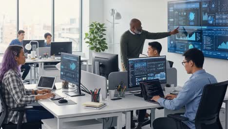 engaging data analysis and team collaboration in a modern office environment focused on technology and innovation with dynamic visualizations on screens