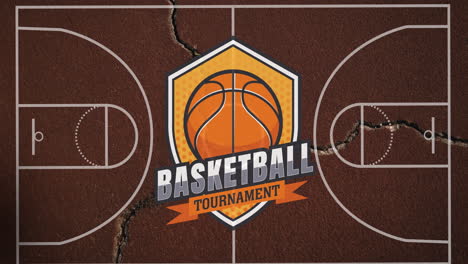 animation of basketball tournament badge with ball over cracked basketball court