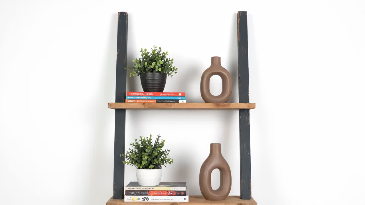 Ladder shelf with plants, vases, and books