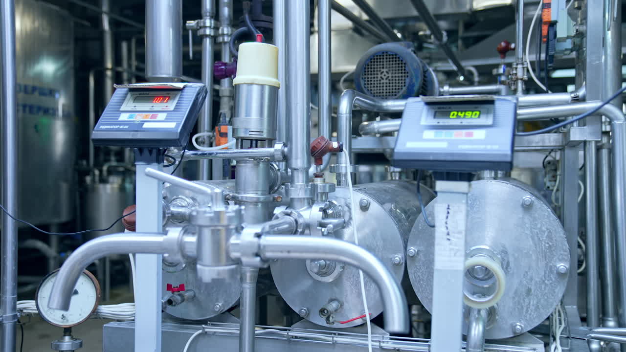Approaching to the steel faucets with sensors at the milk plant. Shining metal equipment of the dairy factory. Close up.