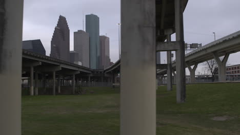 low angle establishing shot of downtown houston