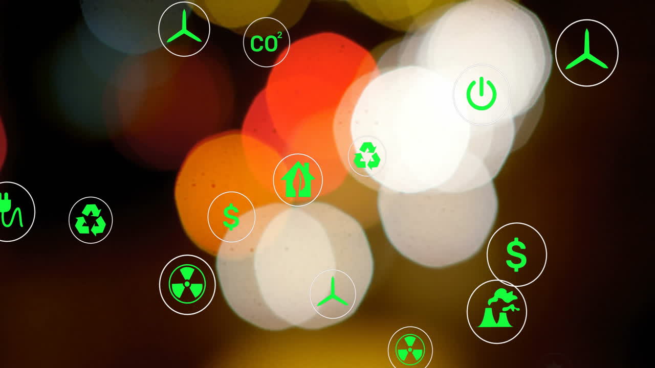Green energy icons floating in digital bokeh backdrop, featuring recycling wind solar power symbols