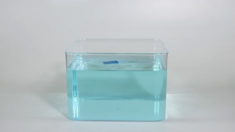 adding and mixing blue dye in a clear water tank