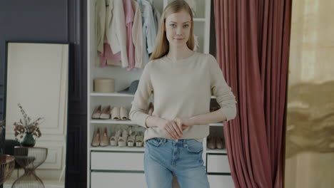 woman posing in front of a wardrobe