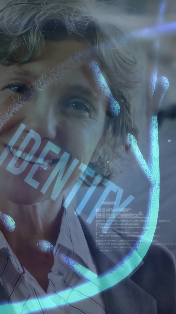Vertical video: Woman starting scan rising chest to face, neon tech overlay verifying identity