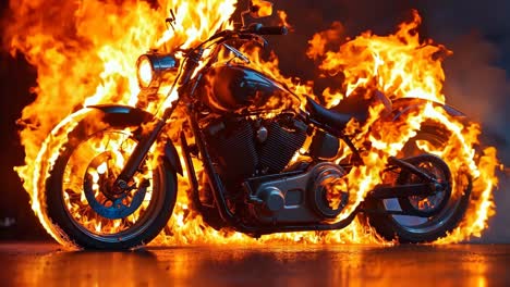 una motocicleta está envuelta en llamas en un fondo oscuro