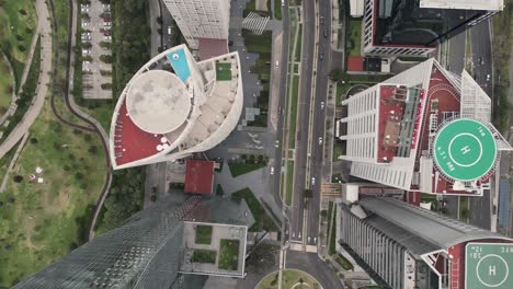 Birds-eye-view-of-avenue-Santa-Fe,-buildings-and-avenues-of-Santa-Fe-area,-Mexico-City