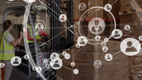 animation of network of connections with icons over people working in warehouse