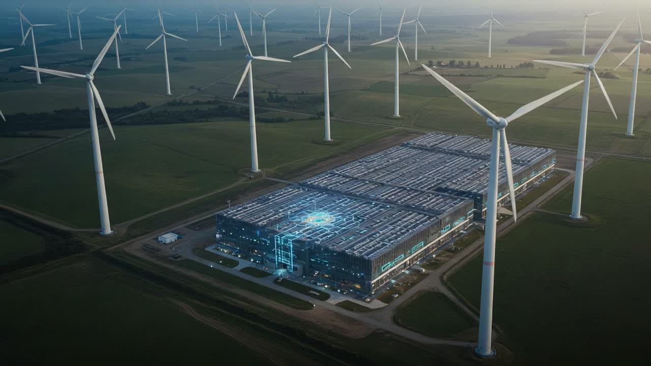 Aerial View of a Modern Sustainable Facility Surrounded by Wind Turbines, Highlighting Innovative Renewable Energy Solutions for a Greener Future