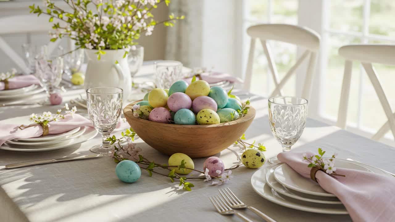 Elegant Spring Tablescape Featuring a Beautiful Bowl of Colorful Easter Eggs Surrounded by Delicate Floral Arrangements and Sophisticated Table Settings