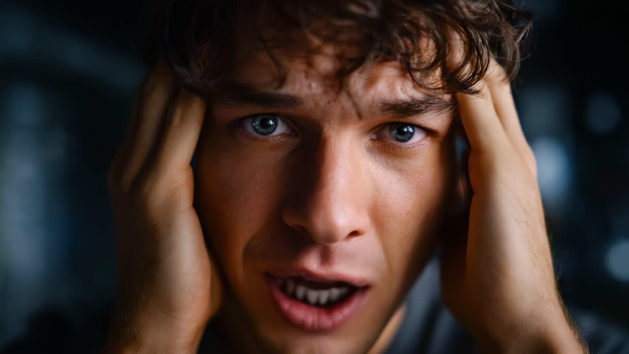 A Young Man Expressing Distress and Anxiety as He Covers His Head, Capturing the Depth of Emotional Turmoil and Inner Struggle in a Dramatic Close-up Frame