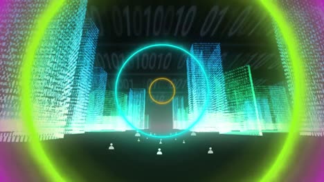 Animation-Von-Neonkreisen,-Die-über-Der-Metaverse-Stadt-Pulsieren